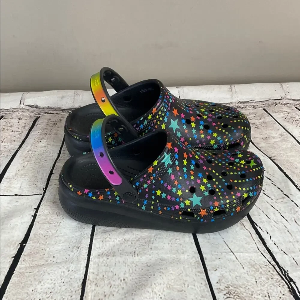 Crocs Classic Disco Dance Party Kids 6 Black Star-Print Rubber Sole Clog Shoes